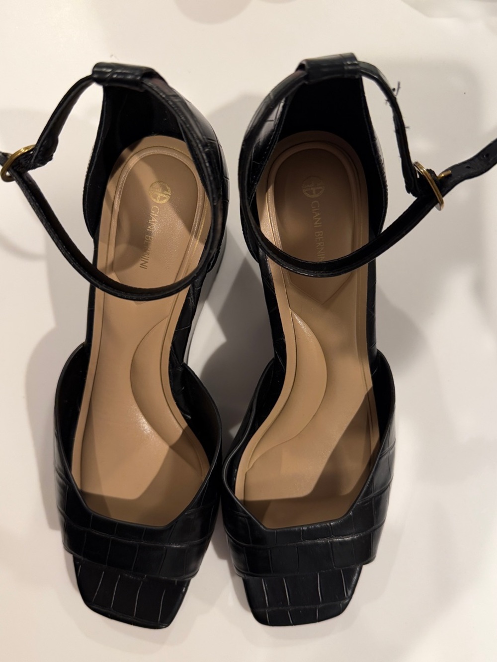 Gianni Birni Black Ankle-Strap Croc-Embossed Sandals